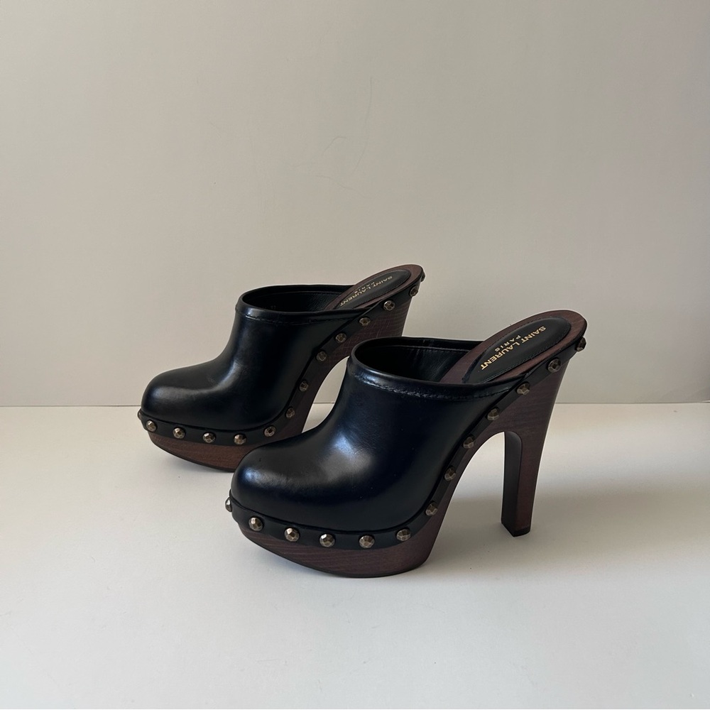 Saint Laurent Black Leather Studded Wooden Platform Clogs
